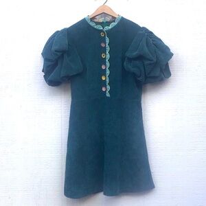 CeliaB Alani Corduroy green Dress with Puff Sleeves floral buttons